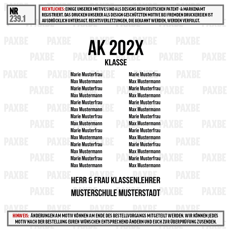 Klassenschild, Schule Musterschule, Klasse AK 202X, Lehrerlistung, Mustername, classroom, zertifikat, poster, ak 202x, klasse