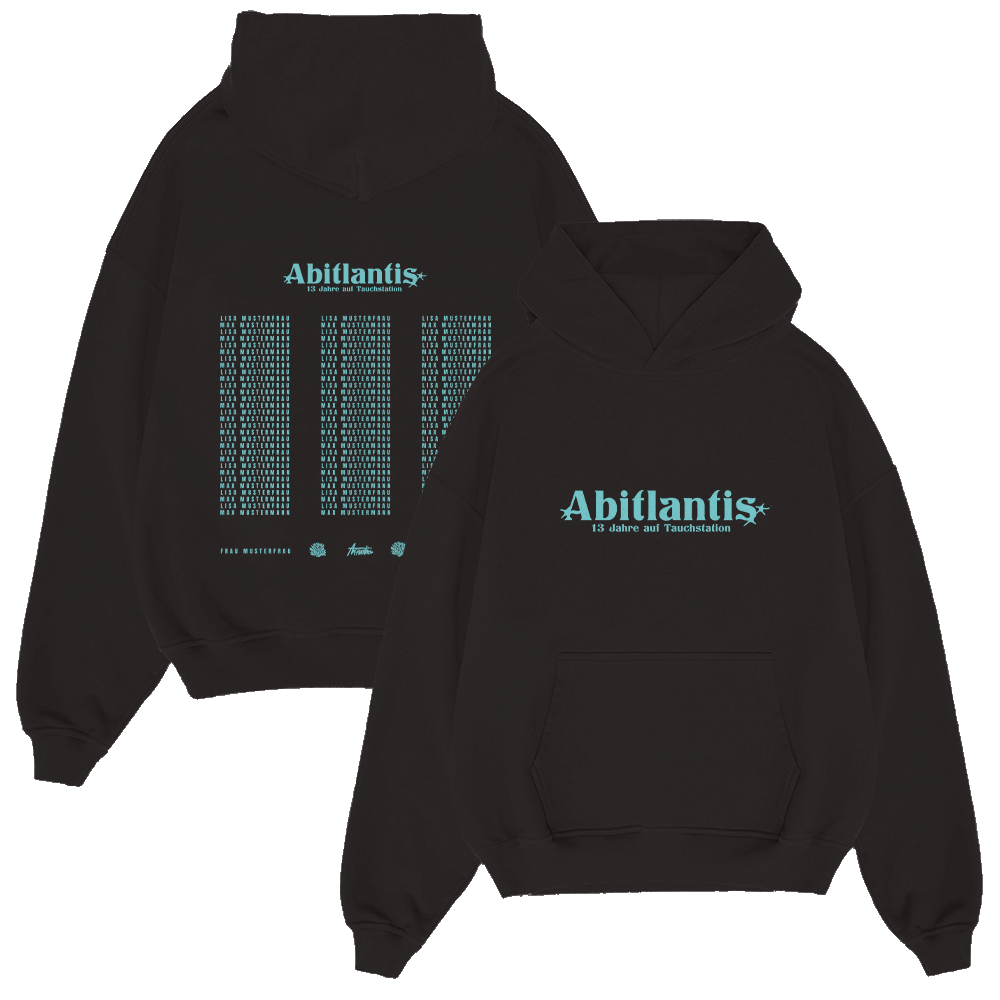 Hoodie, Schwarz, Print, Abitlantis, Mehrzeiliges Grafikmotiv, Hoodie, Schwarz, Bedruckt, Vordergrund-Grafik, Kangaroo-Tockente