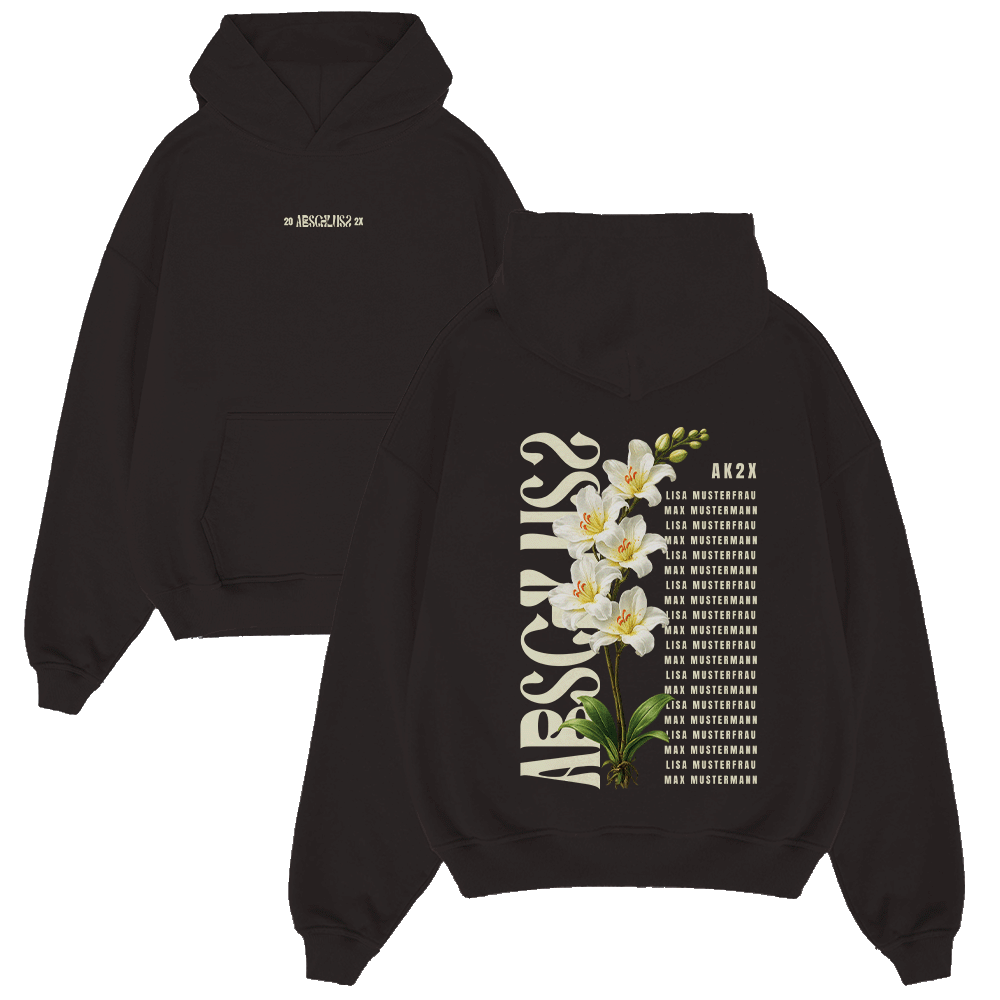hoodie, schwarz, blume, Textdruck, Vordertasche, Hoodie, Schwarzer Hoodie, Blumen-Grafik, Orchideen-Druck, Text-Grafik