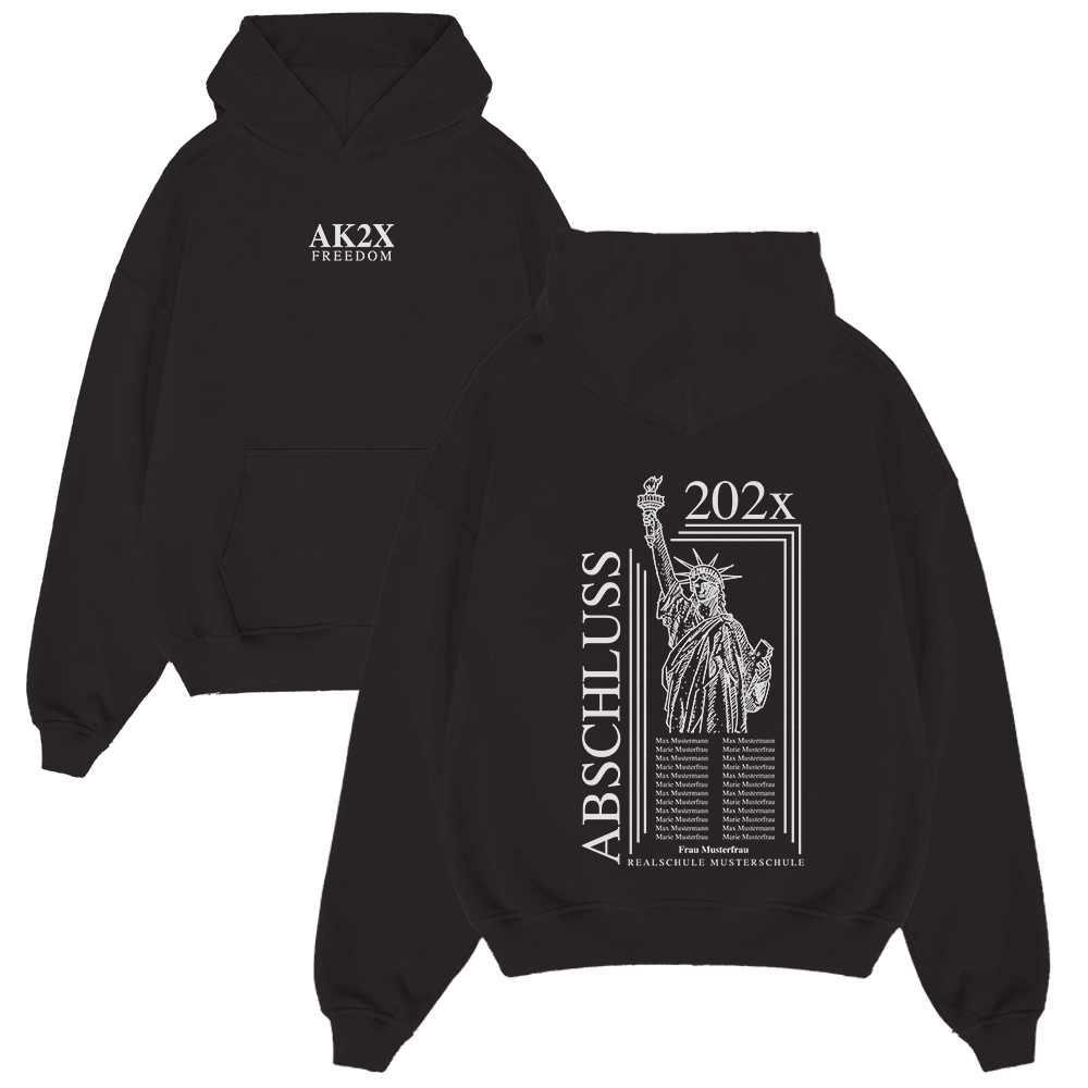 Hoodie, Schwarz, Kapuze, Abschlussmodisch, Aufdruck Statue der Freiheit, hoodie, schwarz, fronttasche, AK2X Freiheit, Grafik Rücken