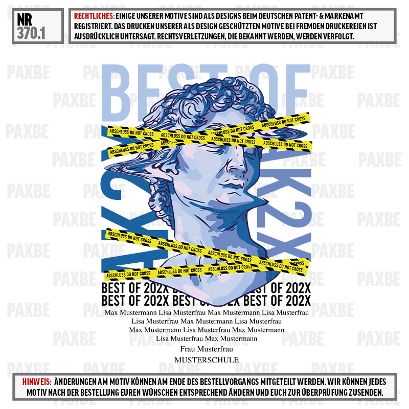 Statur, blaue Statue, Riss/Schlitz, Award-Design, grafische Collage, Statue, Statuen-Kopf, blaue Skulptur, Grafik-Poster, Gelbe Absperrbänder