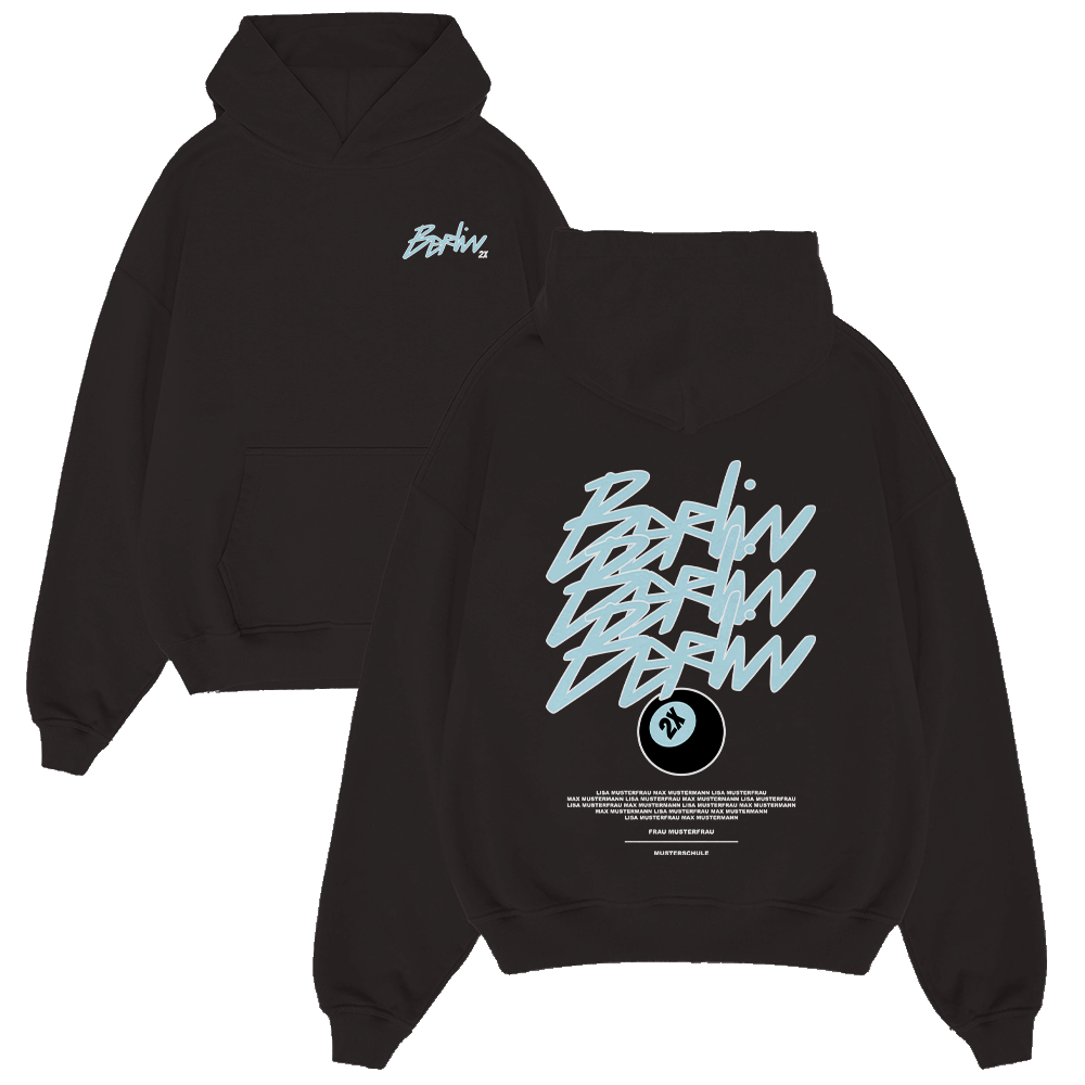 hoodie, schwarz, grafik, blaues print, vordertasche, hoodie, schwarz, grafik, frontlogo, rückseite print