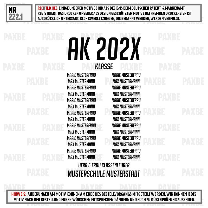 Akk 202X, Klasse, Musterfrau, Muster Mann, Musterstadt, class schedule, badge, text design, poster, graphic
