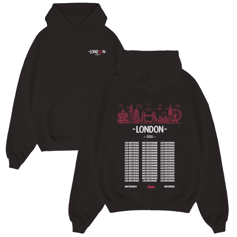 Hoodie, Kapuzenpullover, Schwarz, Stadtansicht, Aufdruck London, Hoodie, Sweatshirt, Schwarz, Bedrucktes Design, Stadt-Skyline