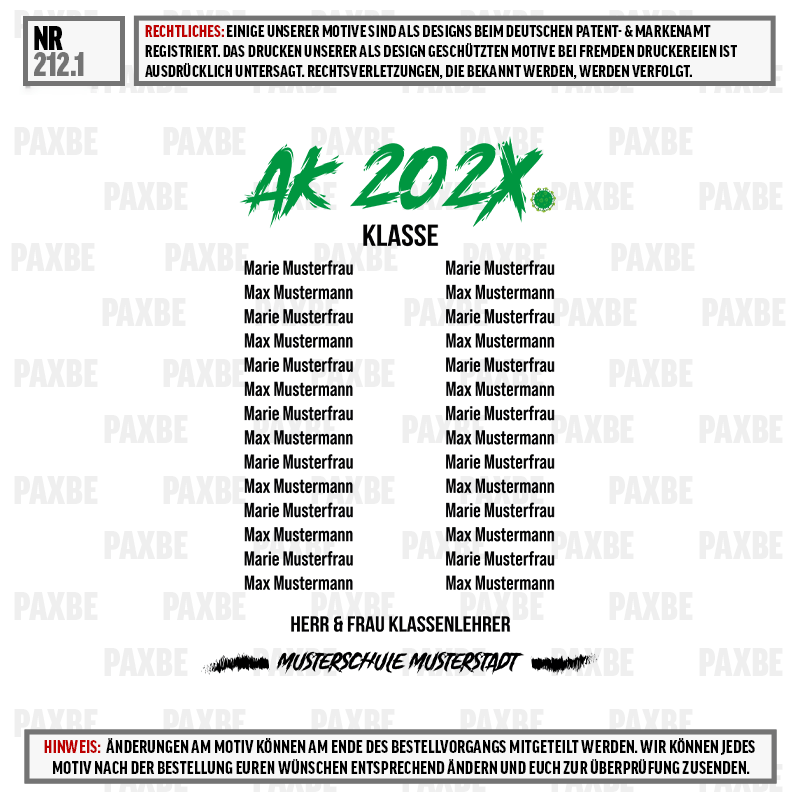 kunst, schriftzug, klassenlehrer, musterstadt, schule, Klassenzettel, Lernliste, Jahr 202X, PAXBE Wasserzeichen, Lehrerliste