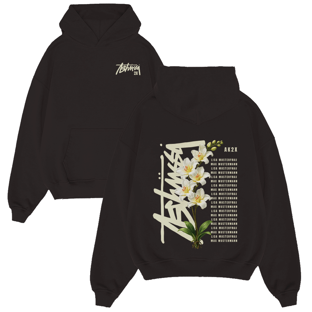 Hoodie, Schwarz, Blumenprint, Abstrakter Text, Vorne Tasche, Hoodie, Schwarz, Blumen-Print, Kängureltasche, Front-Back-Design