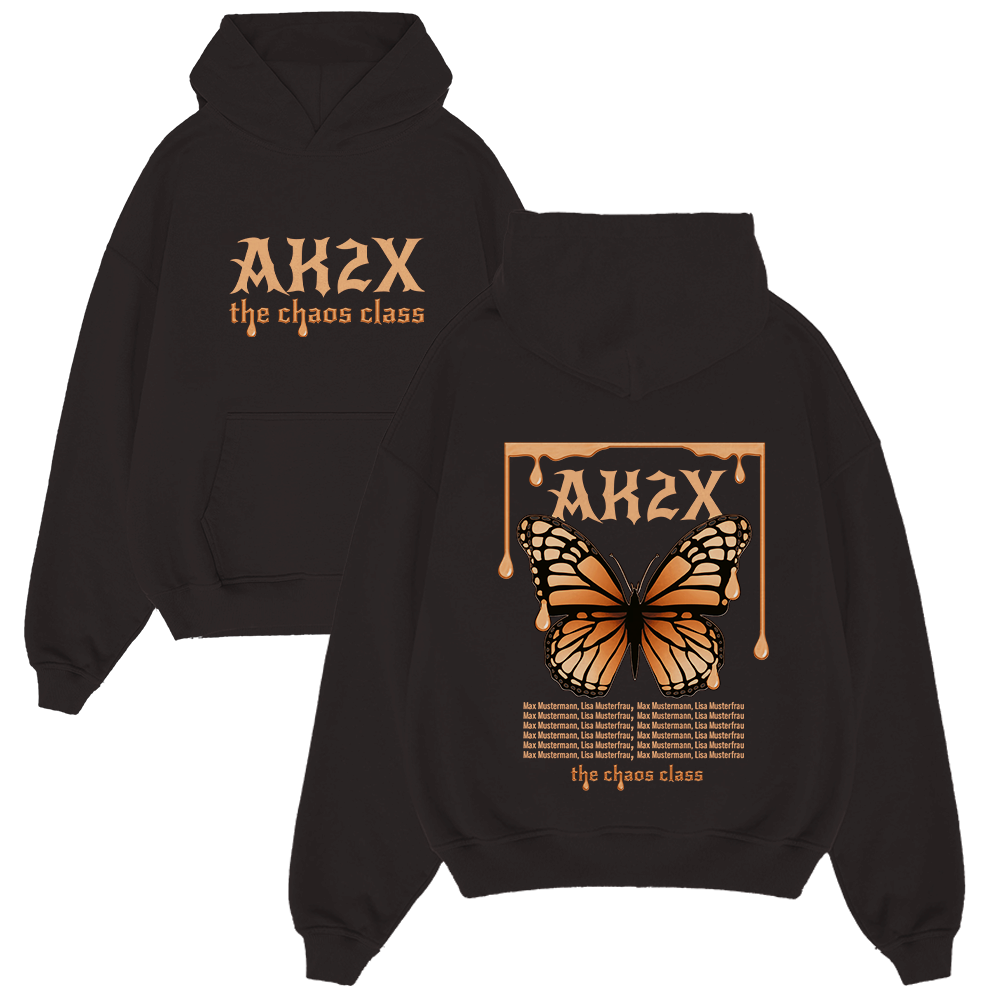 hoodie, schwarz, schmetterling, orangenes design, grafikdruck, Hoodie, Schmetterling-Design, Schwarzer Hoodie, Orangene Druck, The Chaos Class