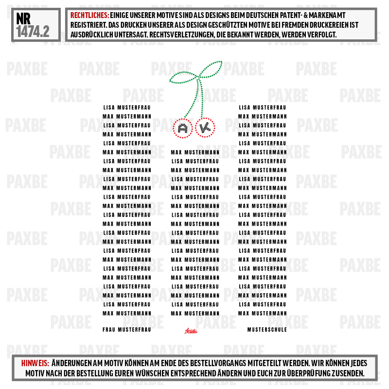 Namensschild, Stiche, Muster, Monogramm, PAXBE, name tag, name labels, text repeated, pattern two circles, green stem
